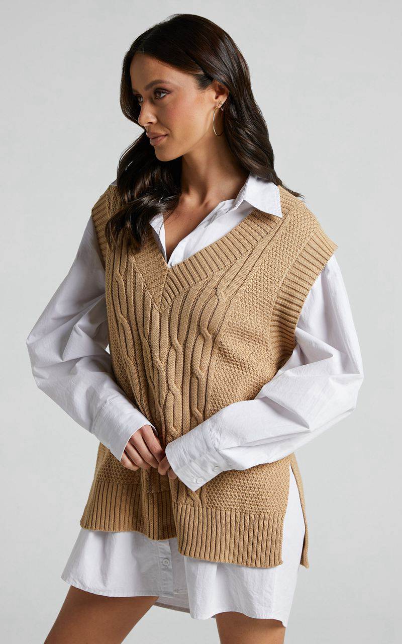 Showpo Cadha Vest - Knit Sweater Vest Camel | FOLHWA037