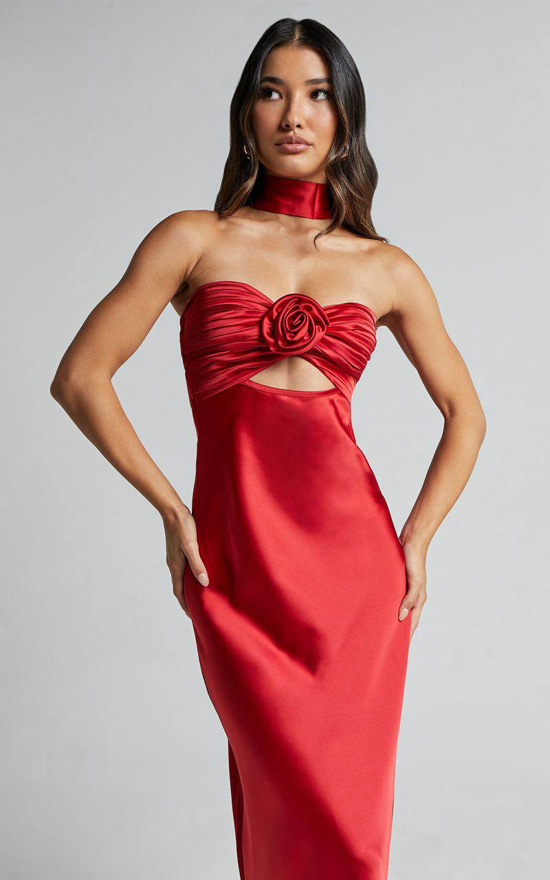 Showpo Cady Maxi Dress - Ruched Bust Rosette Detail Satin Dress Red | ILUEPA465