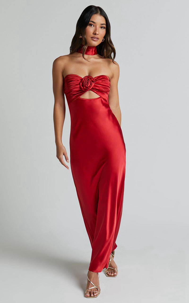 Showpo Cady Maxi Dress - Ruched Bust Rosette Detail Satin Dress Red | ILUEPA465