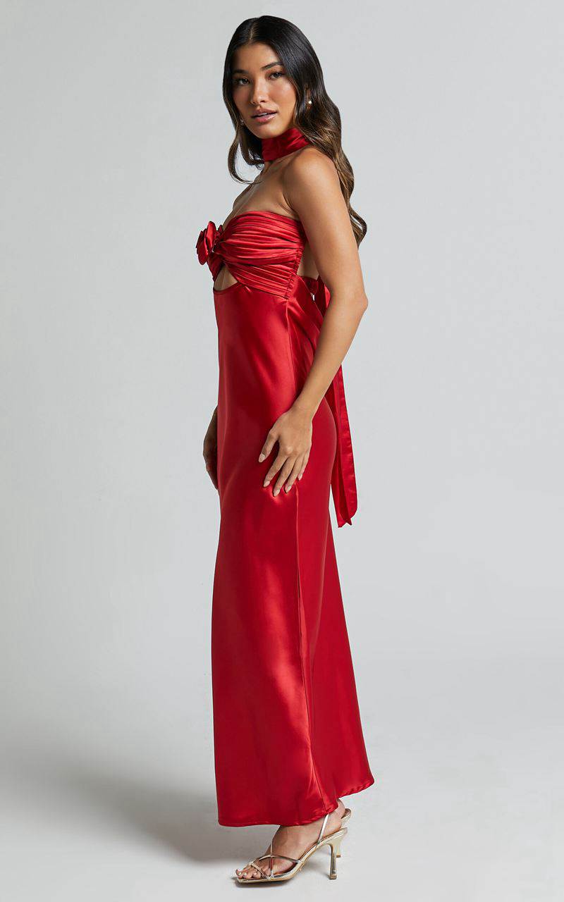 Showpo Cady Maxi Dress - Ruched Bust Rosette Detail Satin Dress Red | ILUEPA465