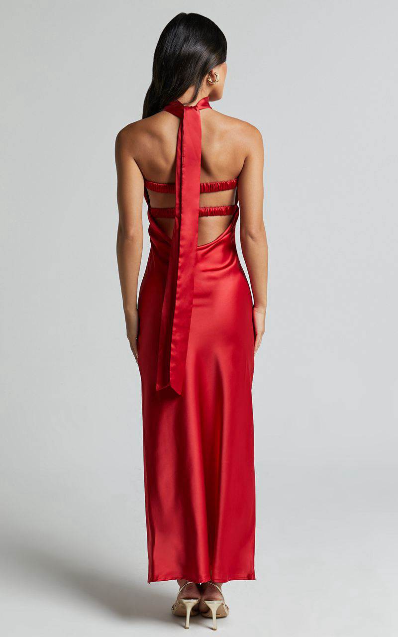 Showpo Cady Maxi Dress - Ruched Bust Rosette Detail Satin Dress Red | ILUEPA465