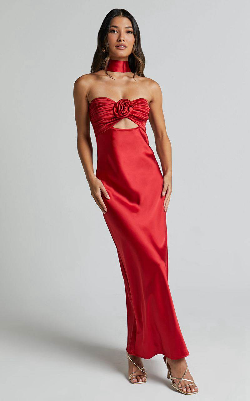 Showpo Cady Maxi Dress - Ruched Bust Rosette Detail Satin Dress Red | ILUEPA465