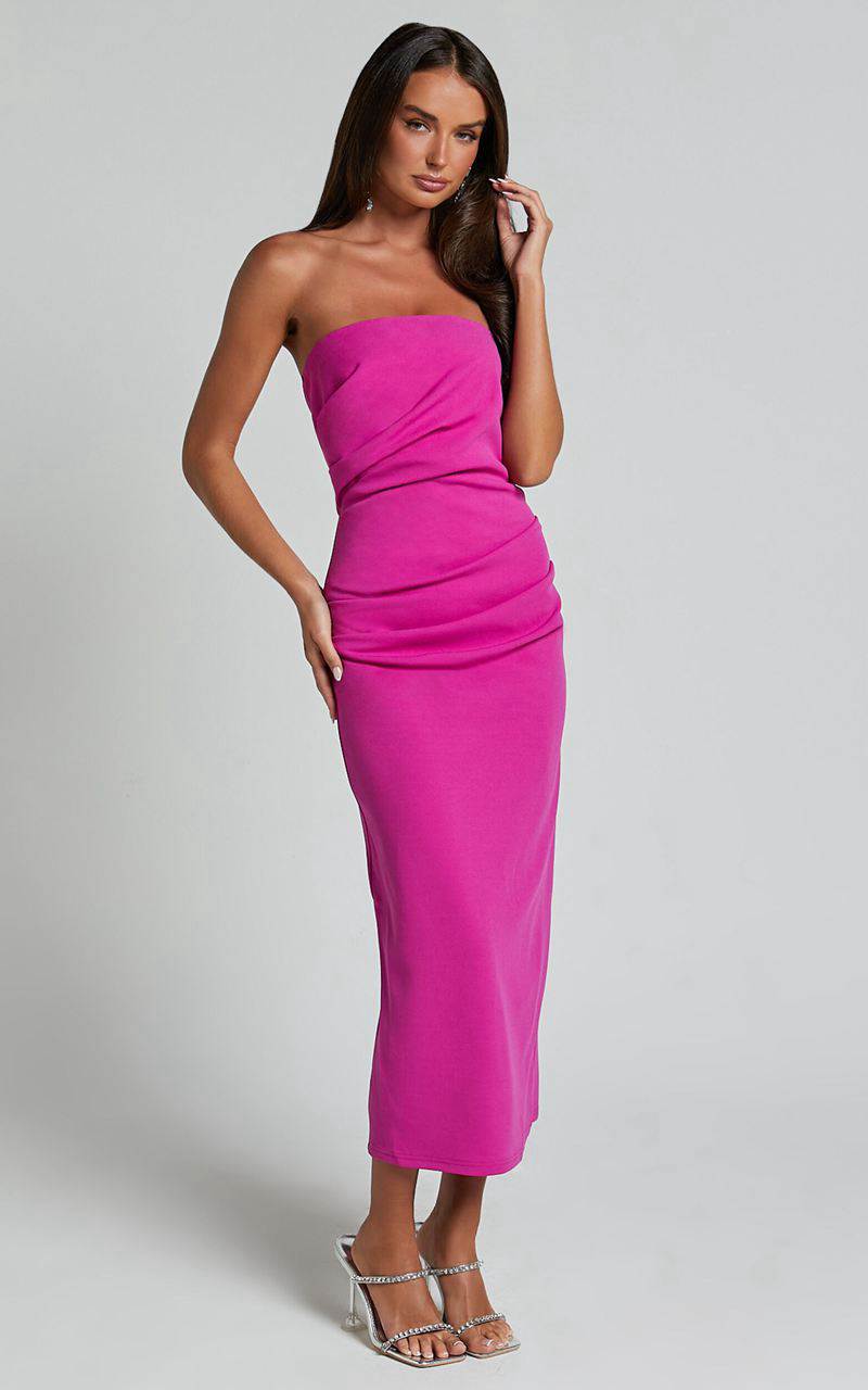 Showpo Calanthe Midi Dress - Strapless Tuck Detail Dress Orchid | EMXAFS510