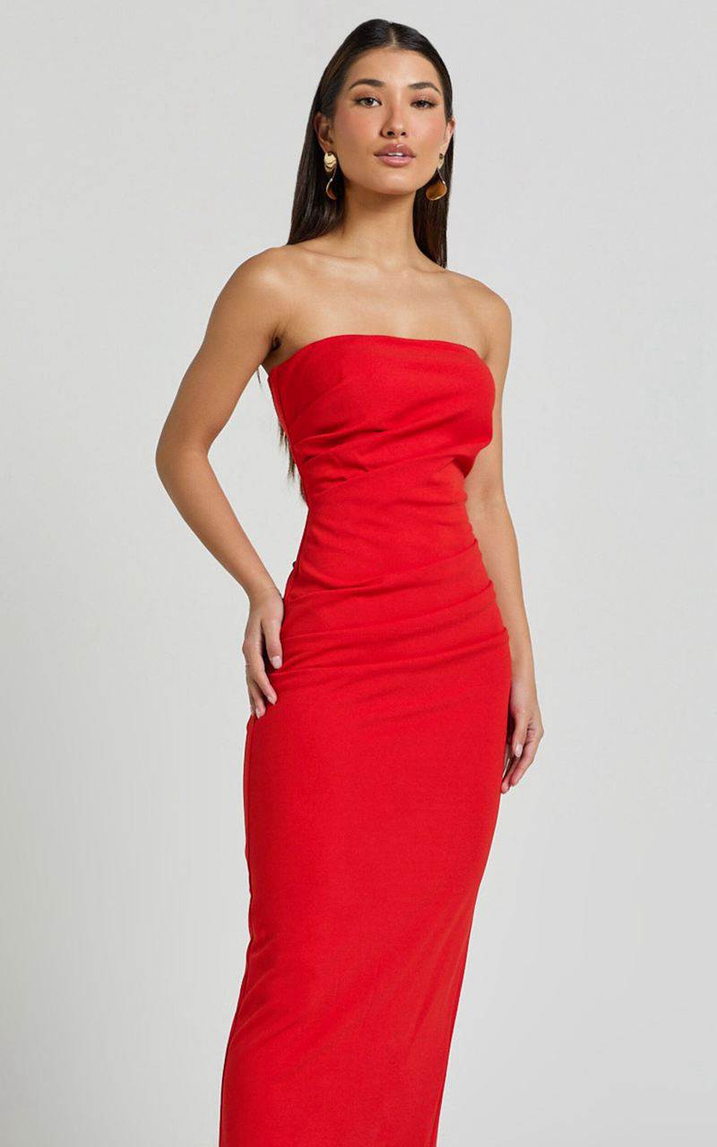 Showpo Calanthe Midi Dress - Strapless Tuck Detail Dress Red | KNJGWZ261