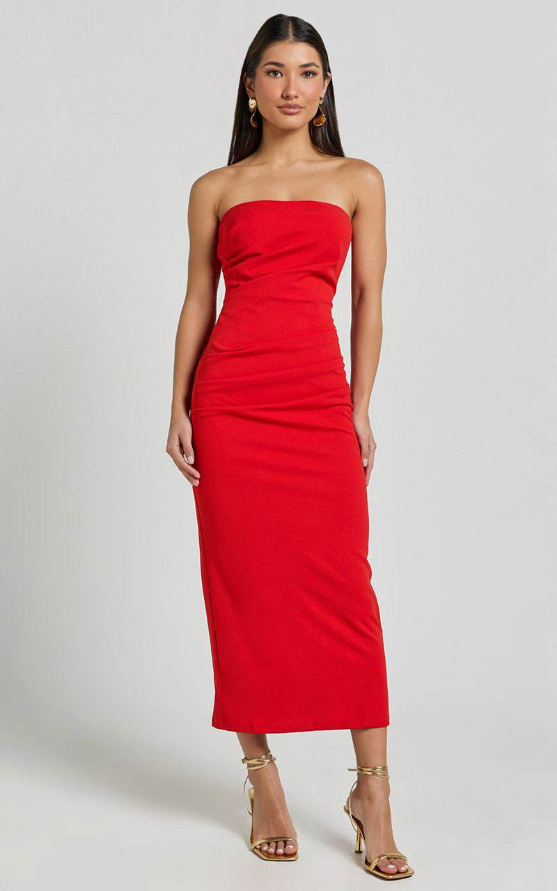 Showpo Calanthe Midi Dress - Strapless Tuck Detail Dress Red | KNJGWZ261