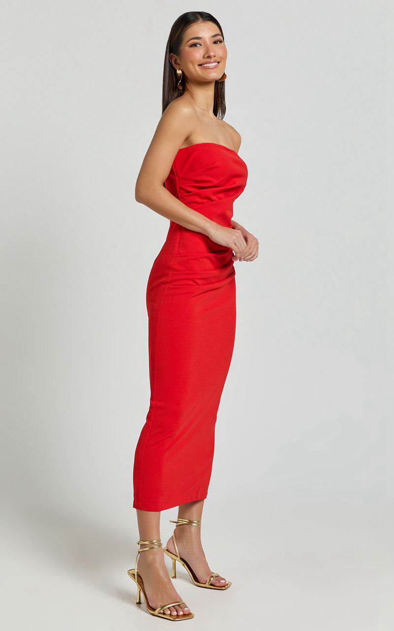 Showpo Calanthe Midi Dress - Strapless Tuck Detail Dress Red | KNJGWZ261