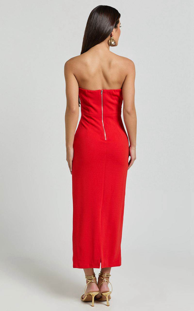 Showpo Calanthe Midi Dress - Strapless Tuck Detail Dress Red | KNJGWZ261