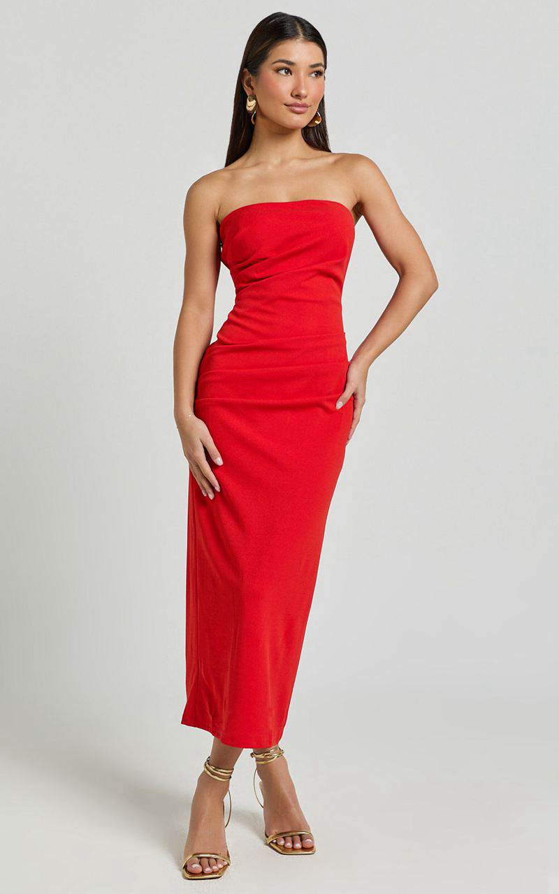 Showpo Calanthe Midi Dress - Strapless Tuck Detail Dress Red | KNJGWZ261