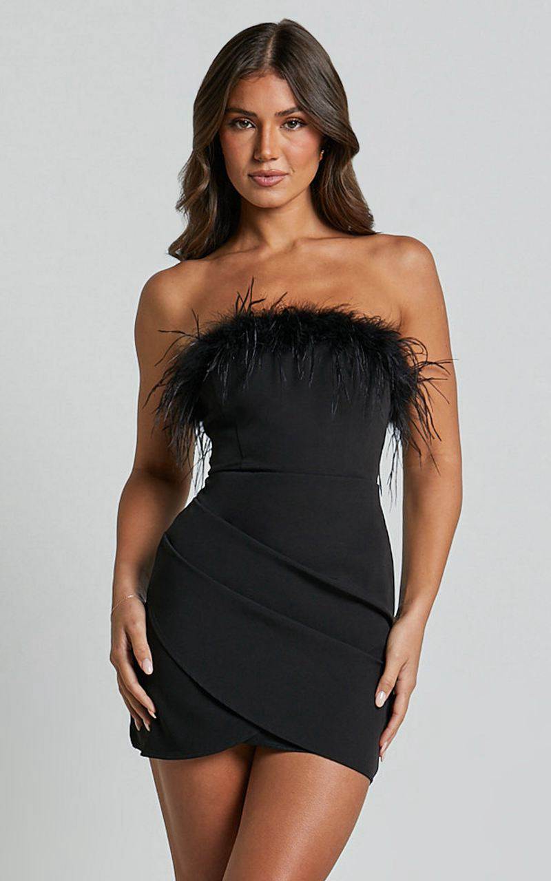 Showpo Callie Mini Dress - Strapless With Feather Trim Wrap Dress Black | IQWAFM523