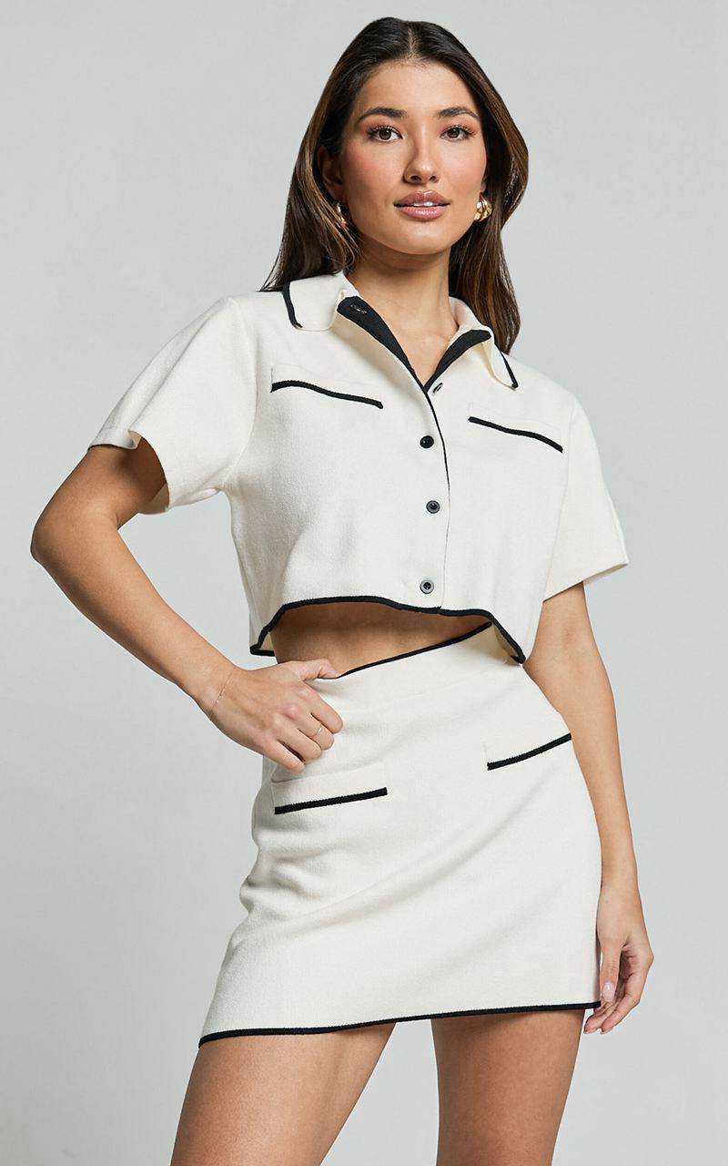 Showpo Callie Top- Recycled Short Sleeve Button Down Knitted Contrast Detail Crop Top Cream | EJRKAU038