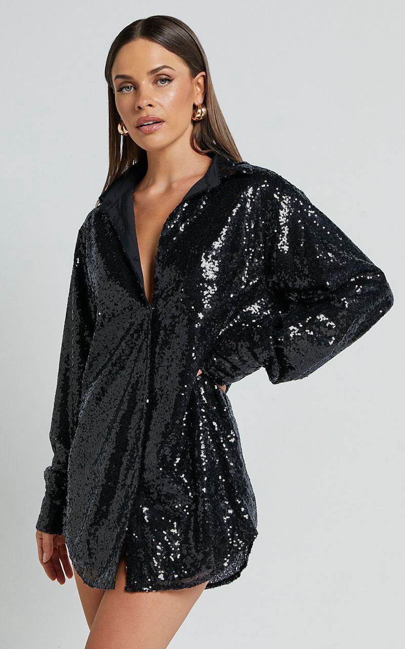 Showpo Cally Mini Dress - Oversized Shirt Dress Black Sequin | PJKNHA940