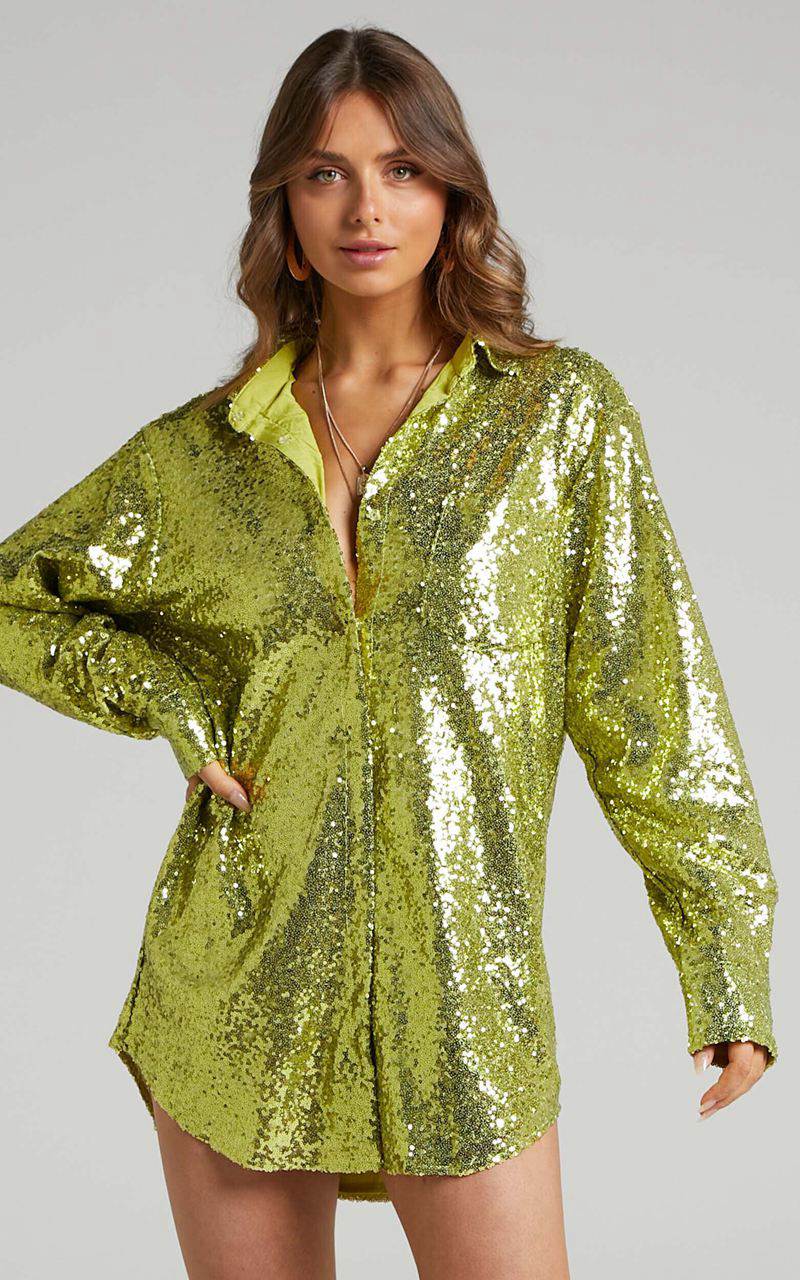 Showpo Cally Mini Dress - Oversized Shirt Dress Green Sequin | VNILKG496