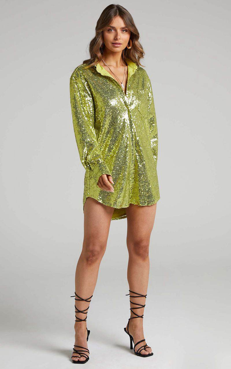 Showpo Cally Mini Dress - Oversized Shirt Dress Green Sequin | VNILKG496