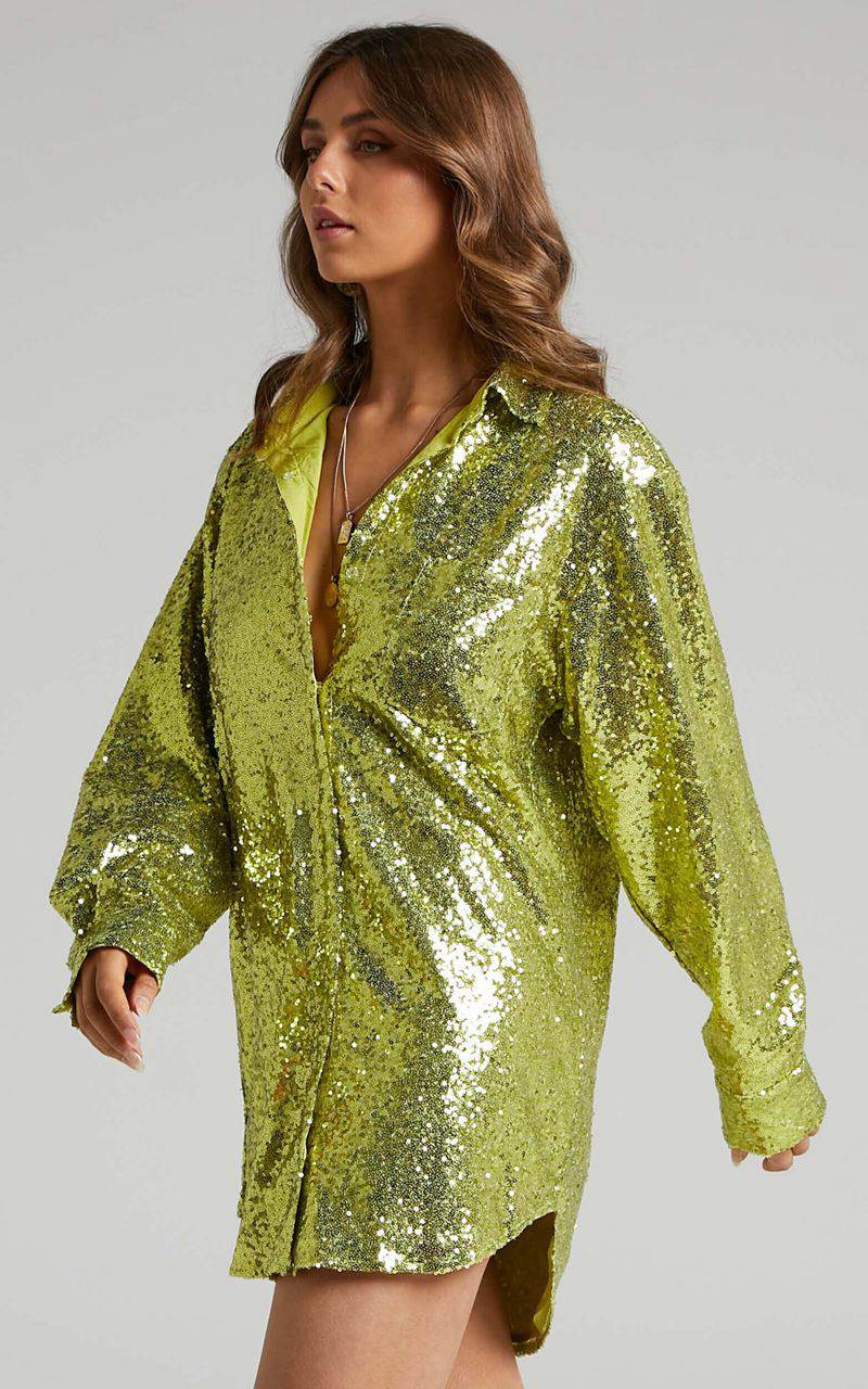 Showpo Cally Mini Dress - Oversized Shirt Dress Green Sequin | VNILKG496