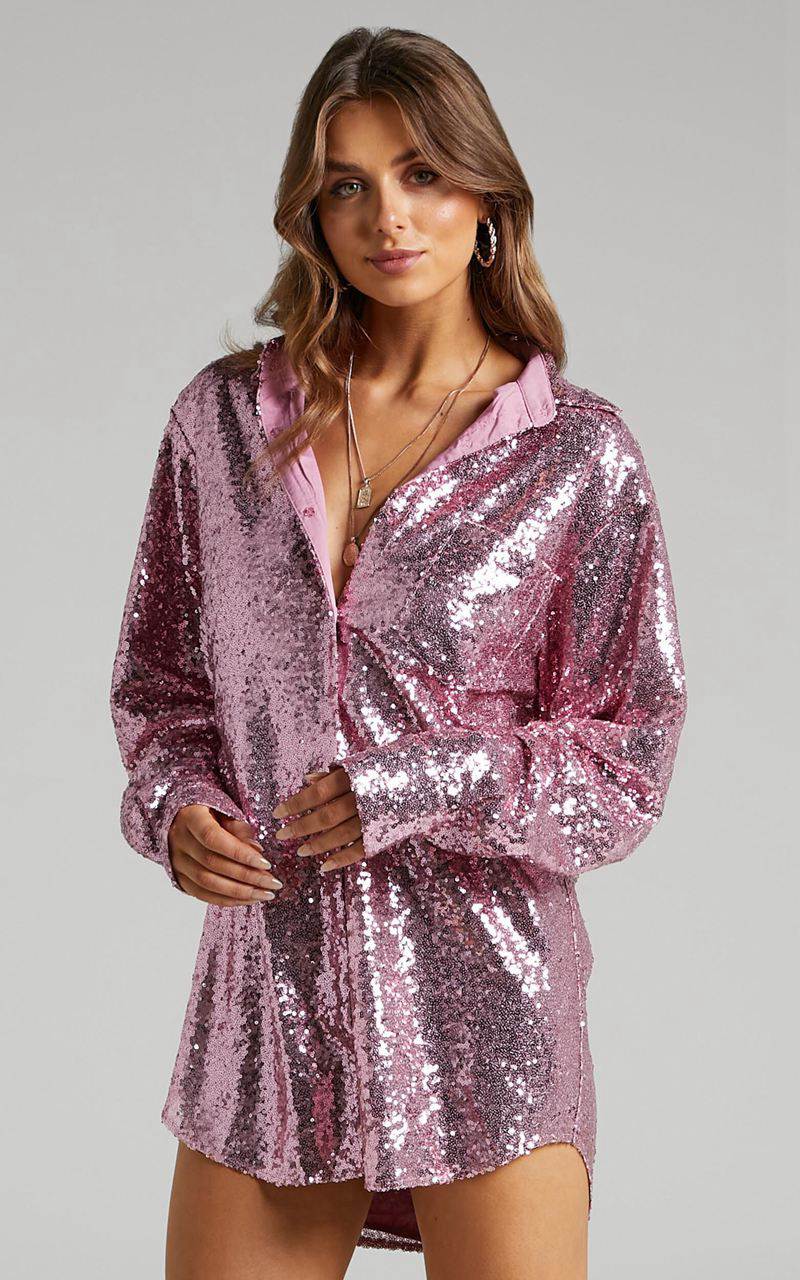 Showpo Cally Mini Dress - Oversized Shirt Dress Lilac Sequin | SGFWIH610