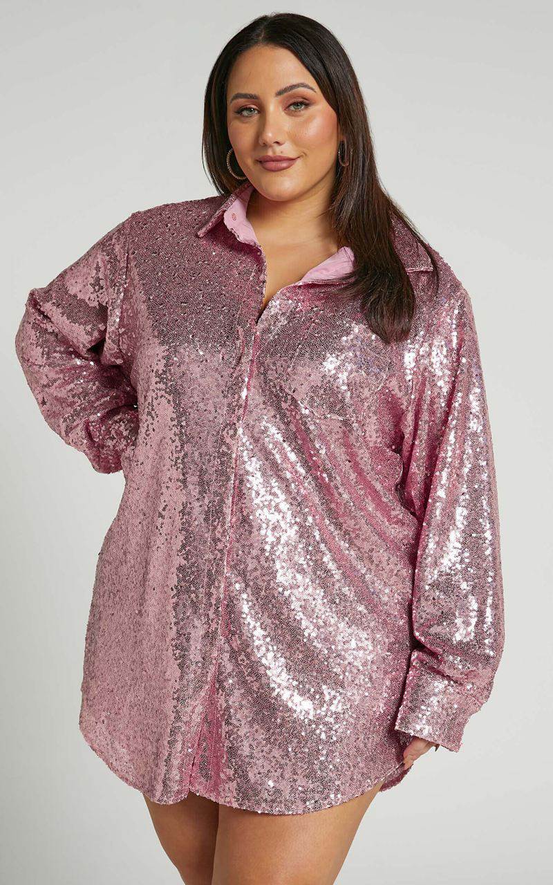 Showpo Cally Mini Dress - Oversized Shirt Dress Lilac Sequin | SGFWIH610