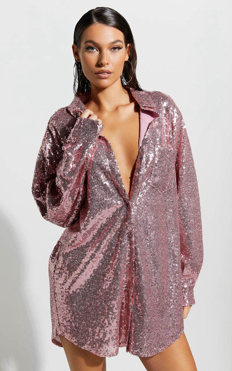 Showpo Cally Mini Dress - Oversized Shirt Dress Lilac Sequin | SGFWIH610