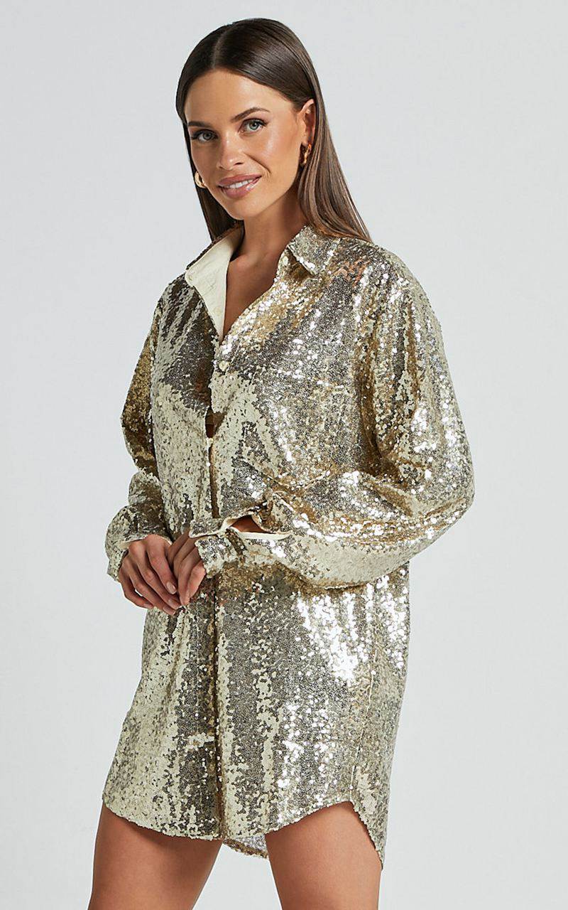 Showpo Cally Mini Dress - Oversized Shirt Dress Gold Sequin | MOALYN548