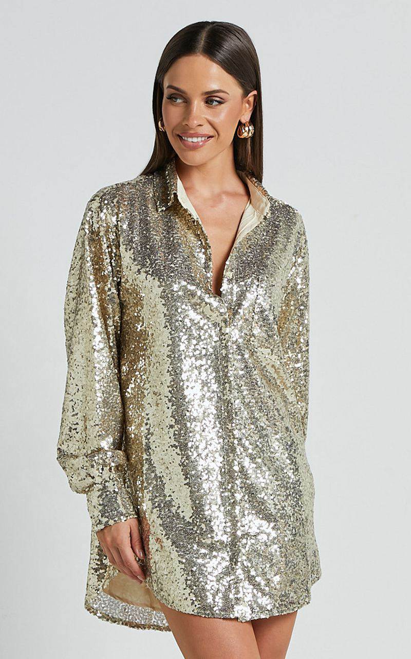 Showpo Cally Mini Dress - Oversized Shirt Dress Gold Sequin | MOALYN548