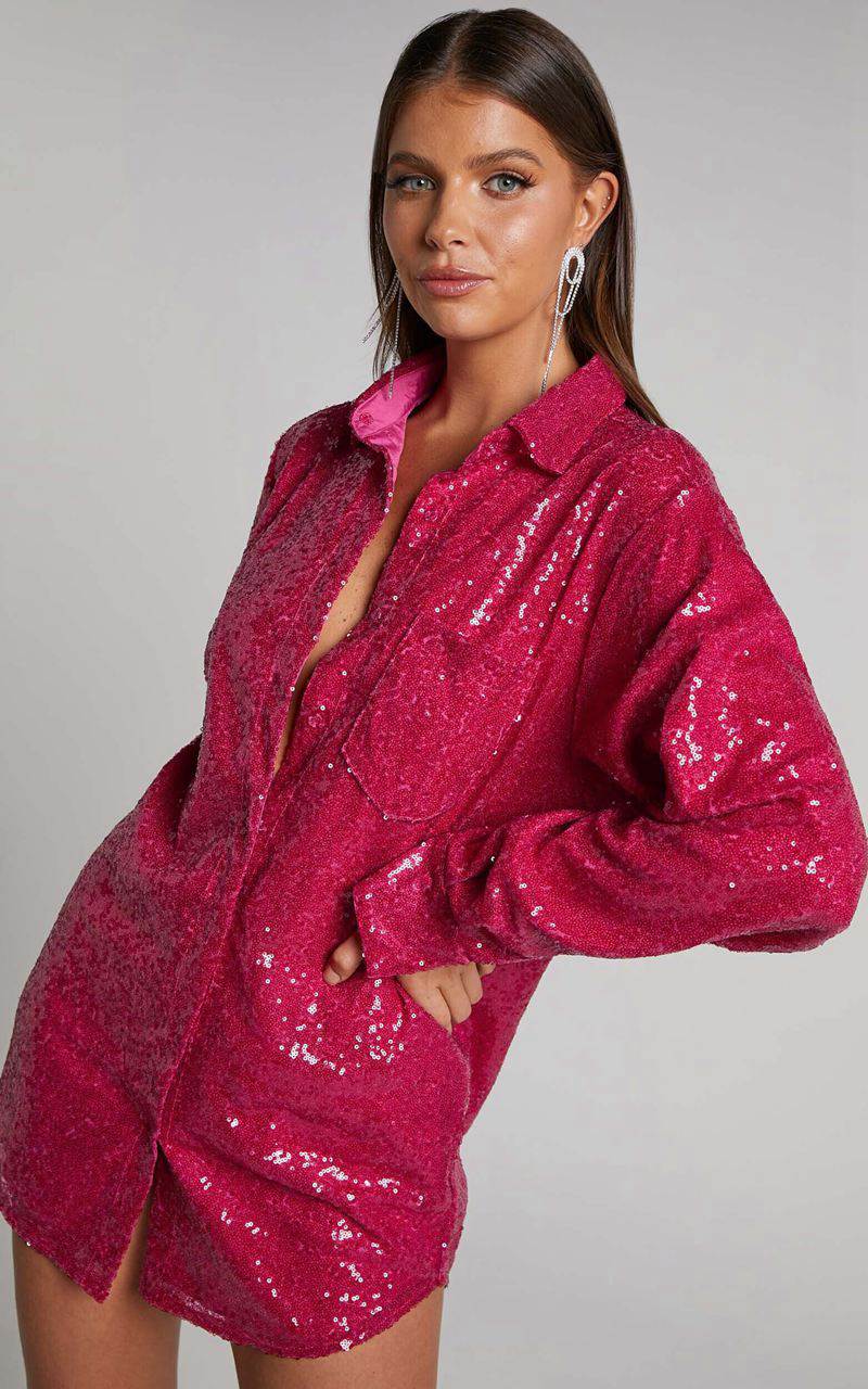 Showpo Cally Mini Dress - Oversized Shirt Dress Cherry Sequin | ADNUVW850