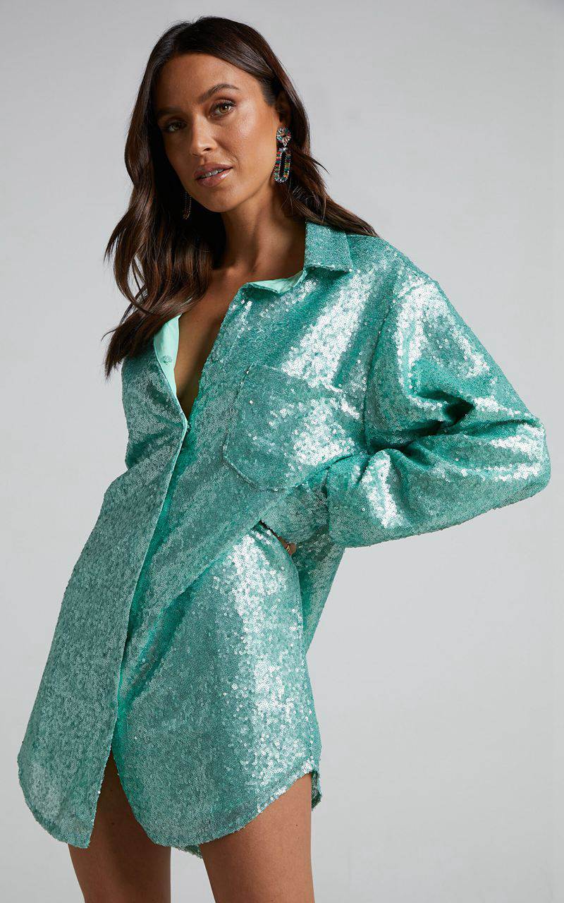 Showpo Cally Mini Dress - Oversized Shirt Dress Aqua Sequin | XCFAGK230