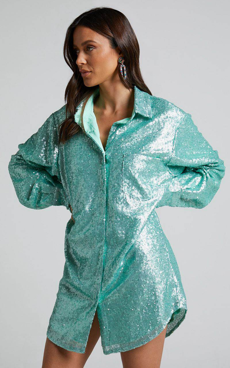 Showpo Cally Mini Dress - Oversized Shirt Dress Aqua Sequin | XCFAGK230