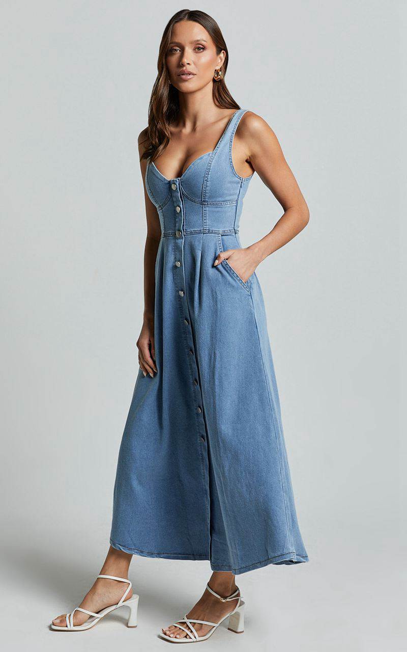 Showpo Camila Midi Dress - Button Front Side Pocket Detail A Line Midi Dress Light Blue Wash | OQTNRA754