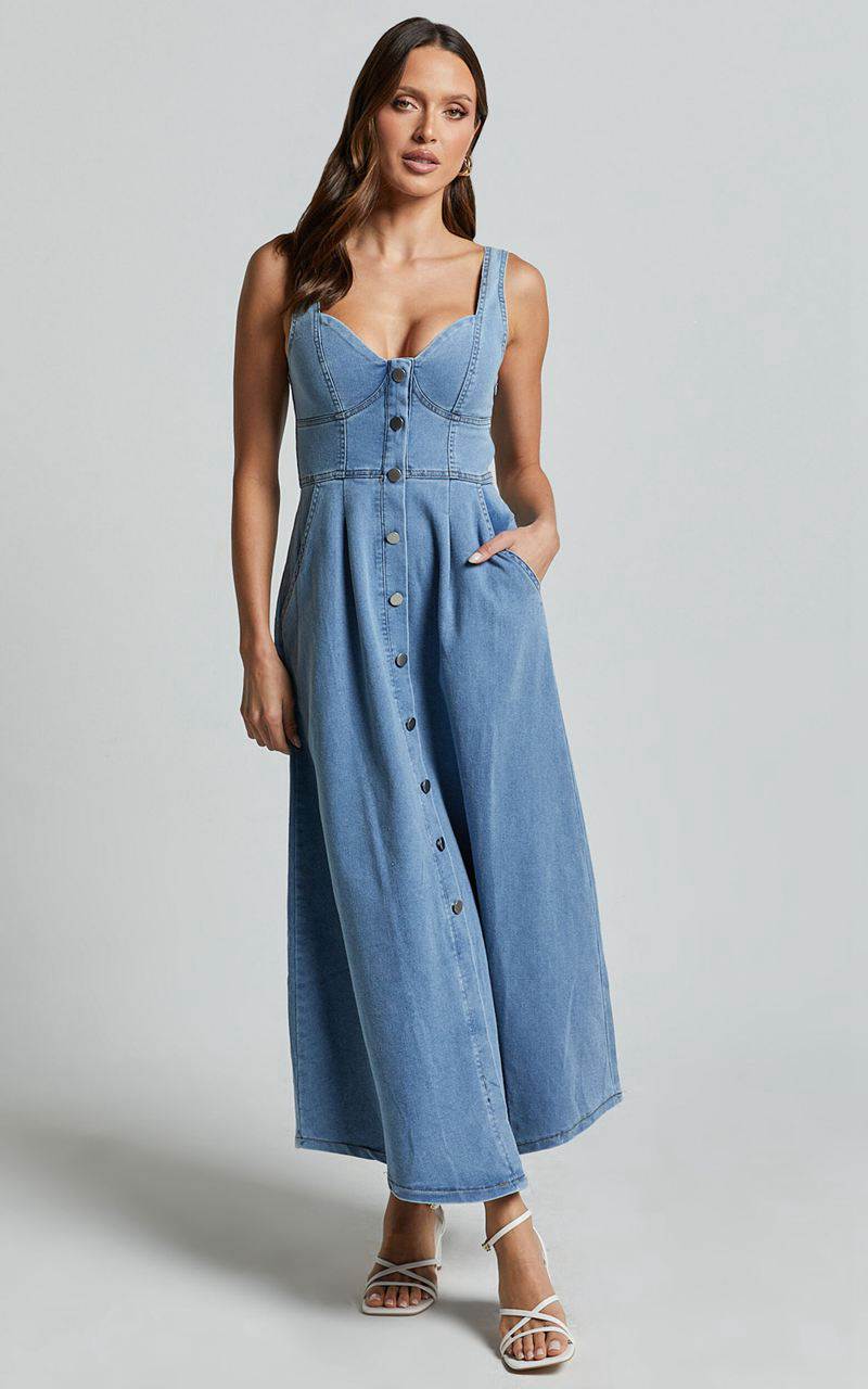 Showpo Camila Midi Dress - Button Front Side Pocket Detail A Line Midi Dress Light Blue Wash | OQTNRA754