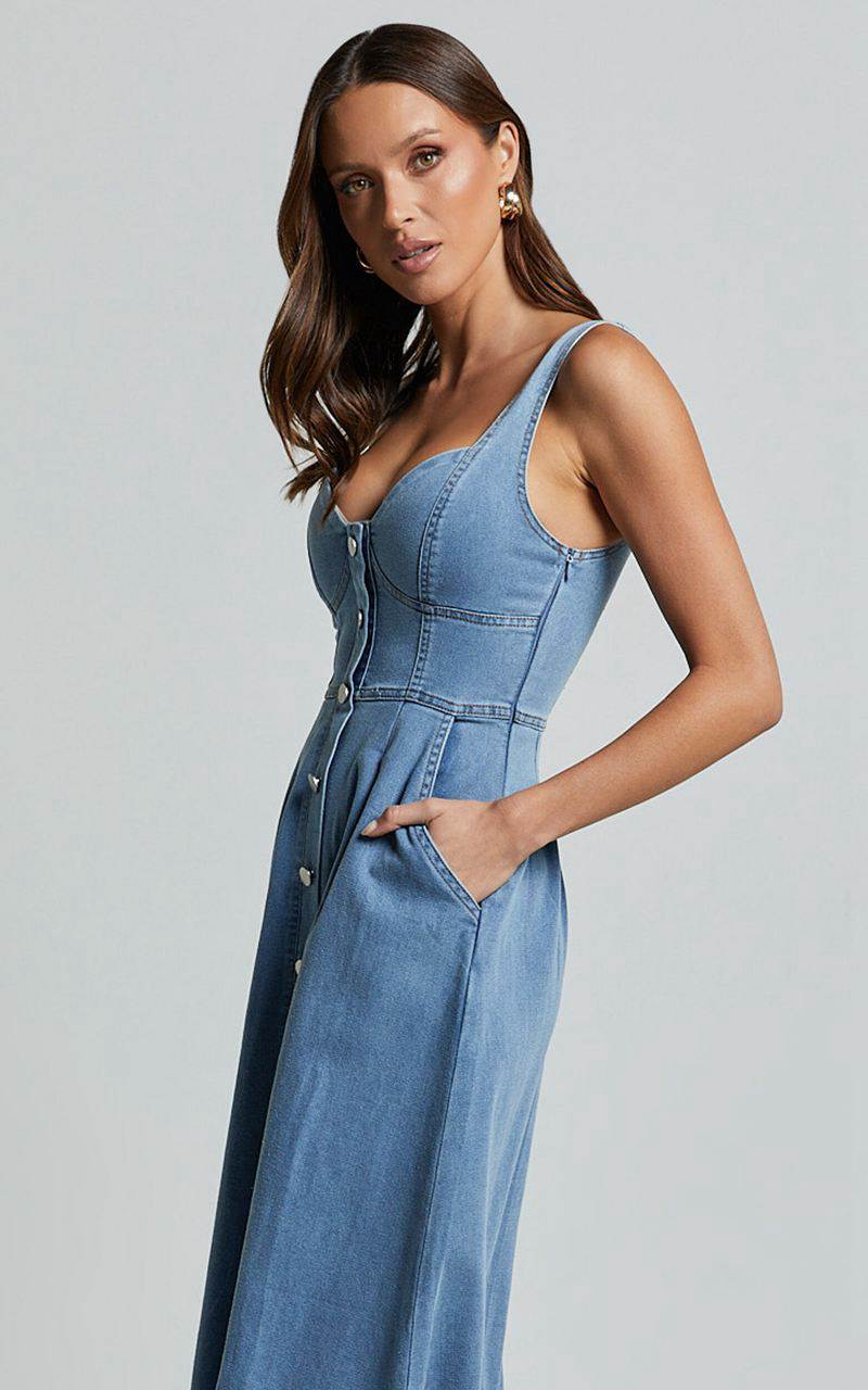 Showpo Camila Midi Dress - Button Front Side Pocket Detail A Line Midi Dress Light Blue Wash | OQTNRA754