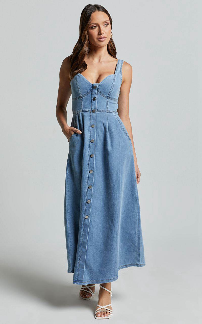 Showpo Camila Midi Dress - Button Front Side Pocket Detail A Line Midi Dress Light Blue Wash | OQTNRA754