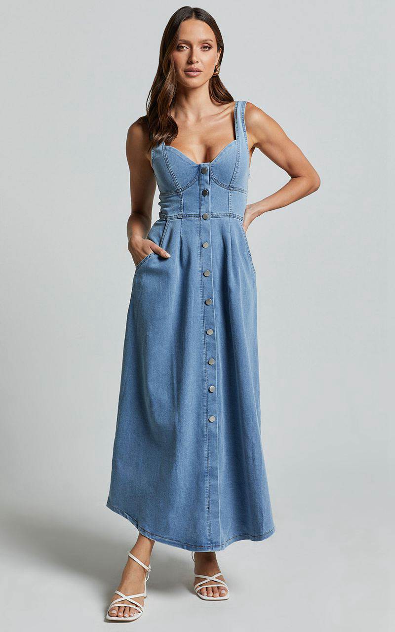 Showpo Camila Midi Dress - Button Front Side Pocket Detail A Line Midi Dress Light Blue Wash | OQTNRA754