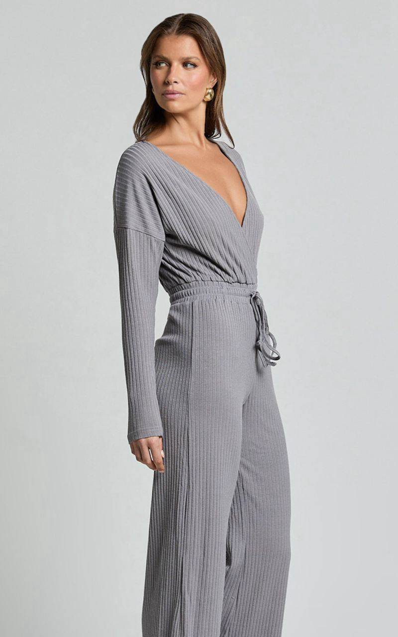 Showpo Camille Jumpsuit - Ribbed Jersey Long Sleeve Wide Leg Jumpsuit Slate Grey | AYRIQN543