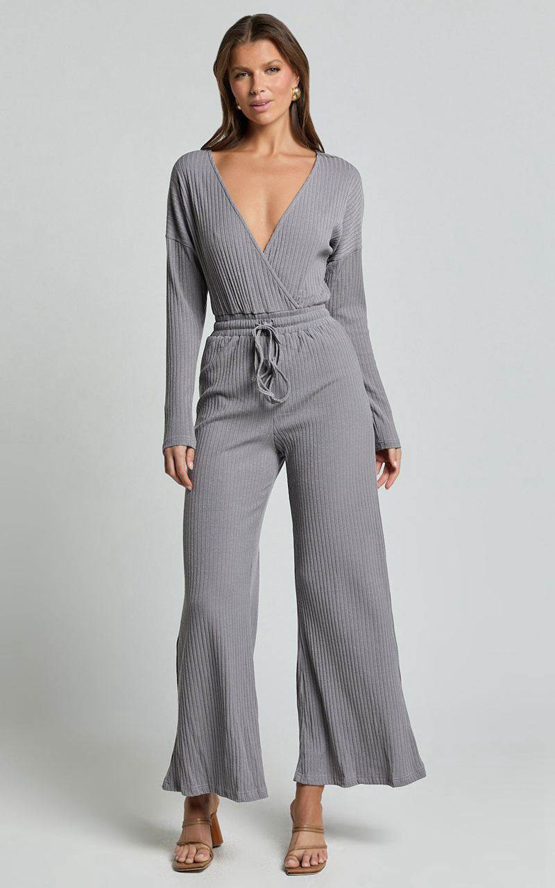 Showpo Camille Jumpsuit - Ribbed Jersey Long Sleeve Wide Leg Jumpsuit Slate Grey | AYRIQN543