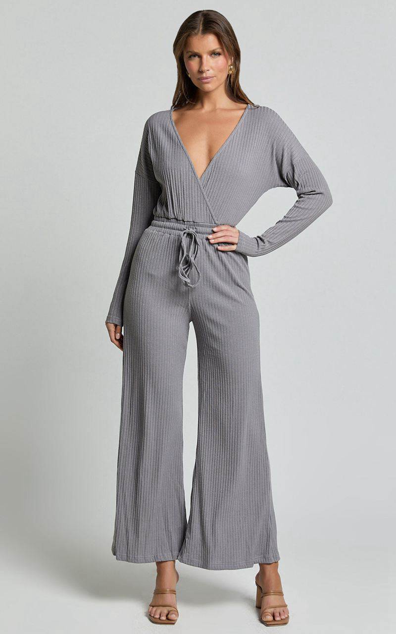 Showpo Camille Jumpsuit - Ribbed Jersey Long Sleeve Wide Leg Jumpsuit Slate Grey | AYRIQN543