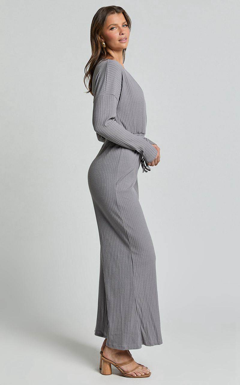 Showpo Camille Jumpsuit - Ribbed Jersey Long Sleeve Wide Leg Jumpsuit Slate Grey | AYRIQN543