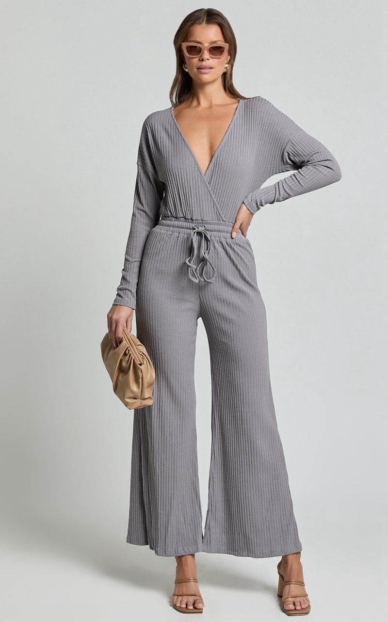 Showpo Camille Jumpsuit - Ribbed Jersey Long Sleeve Wide Leg Jumpsuit Slate Grey | AYRIQN543