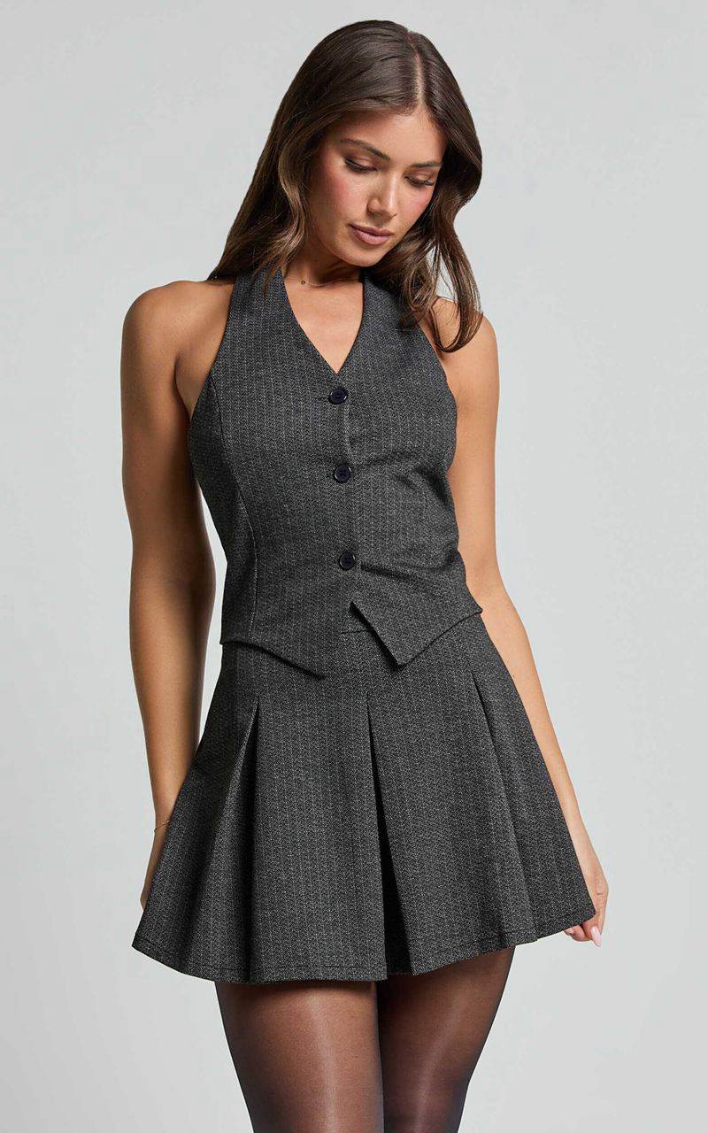 Showpo Camille Mini Dress - Halter Neck Vest And Pleated Skirt Mini Dress Charcoal Pinstripe | XIEKBA123