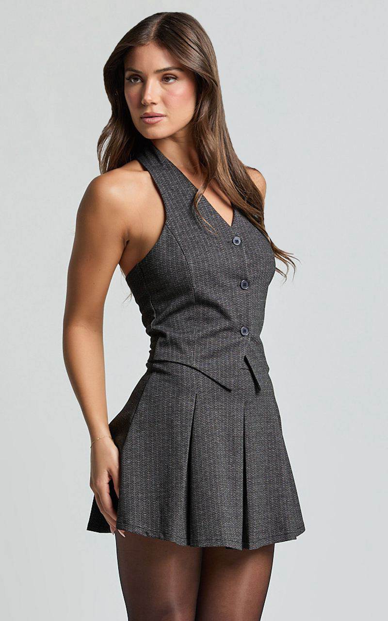 Showpo Camille Mini Dress - Halter Neck Vest And Pleated Skirt Mini Dress Charcoal Pinstripe | XIEKBA123