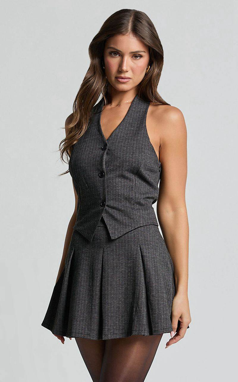 Showpo Camille Mini Dress - Halter Neck Vest And Pleated Skirt Mini Dress Charcoal Pinstripe | XIEKBA123