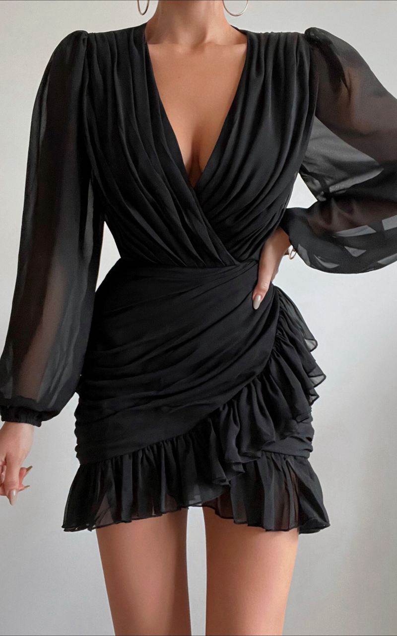 Showpo Can I Be Your Honey Mini Dress - Plunge Balloon Sleeve Dress Black | TJMUBE546