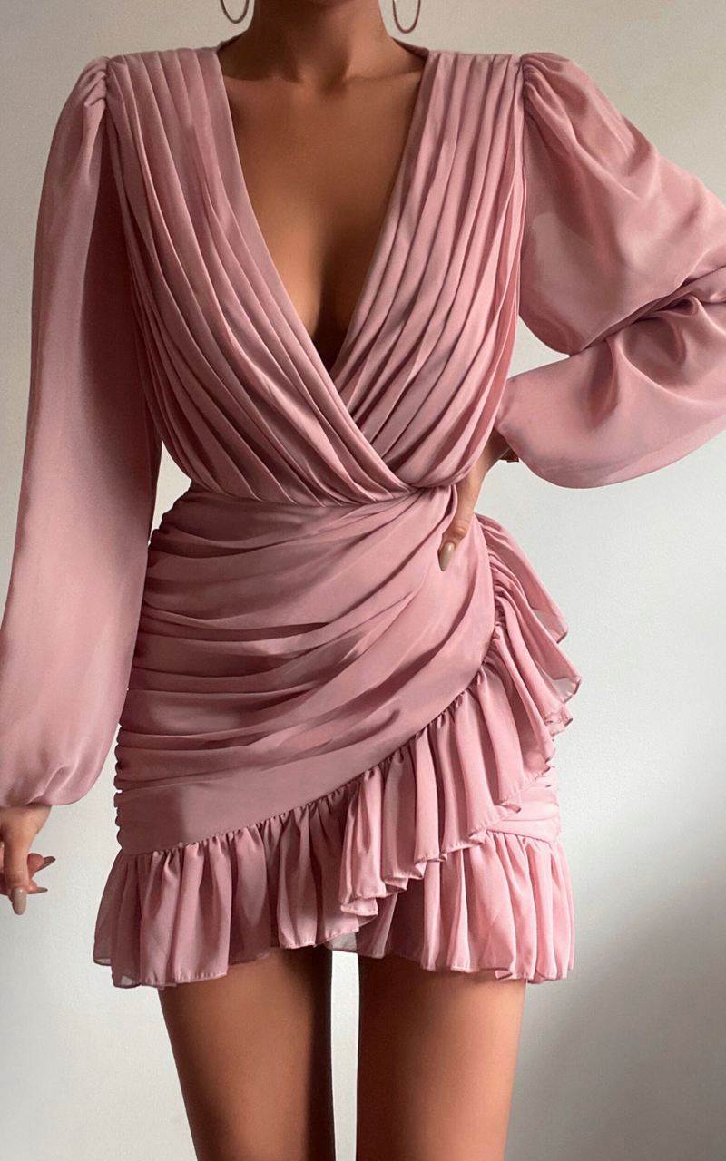 Showpo Can I Be Your Honey Mini Dress - Plunge Balloon Sleeve Dress Dusty Pink | BNJAZD761