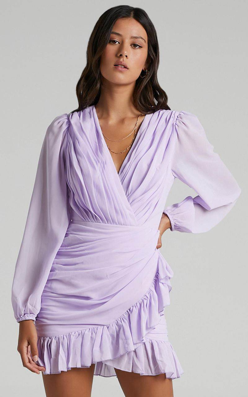 Showpo Can I Be Your Honey Plunge Balloon Sleeve Mini Dress Lilac | LFOUMJ753