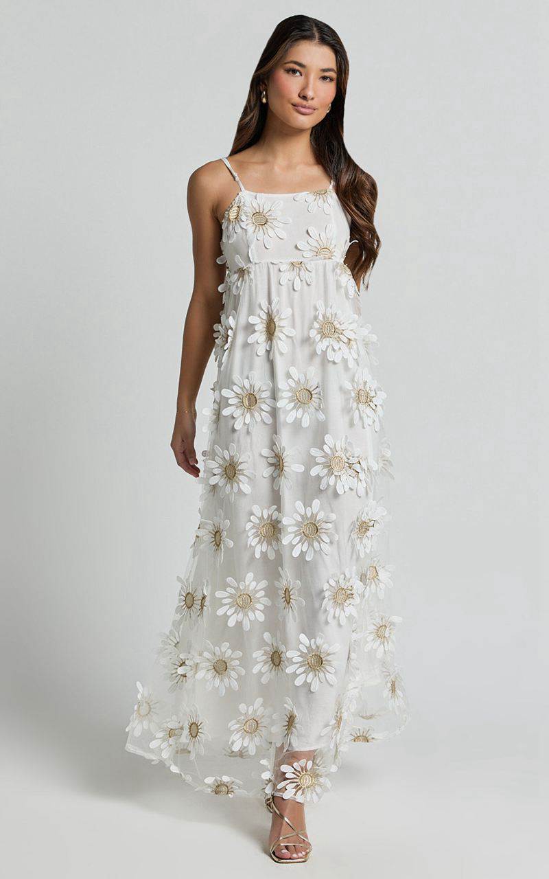 Showpo Candice Midi Dress - Straight Neck Floral Embroidery Detail Shift Dress White | UEBVWM307