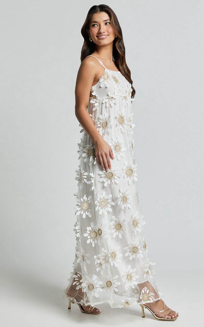 Showpo Candice Midi Dress - Straight Neck Floral Embroidery Detail Shift Dress White | UEBVWM307