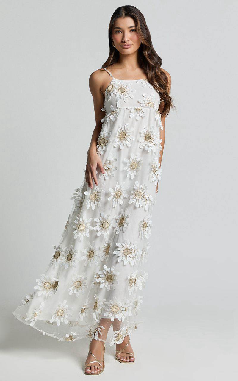 Showpo Candice Midi Dress - Straight Neck Floral Embroidery Detail Shift Dress White | UEBVWM307