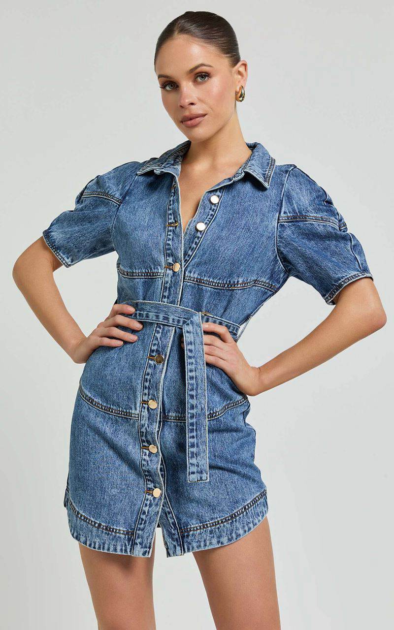 Showpo Cannes Mini Dress - Button Through Belted Recycled Denim Dress Mid Blue Wash | AWUVZL640