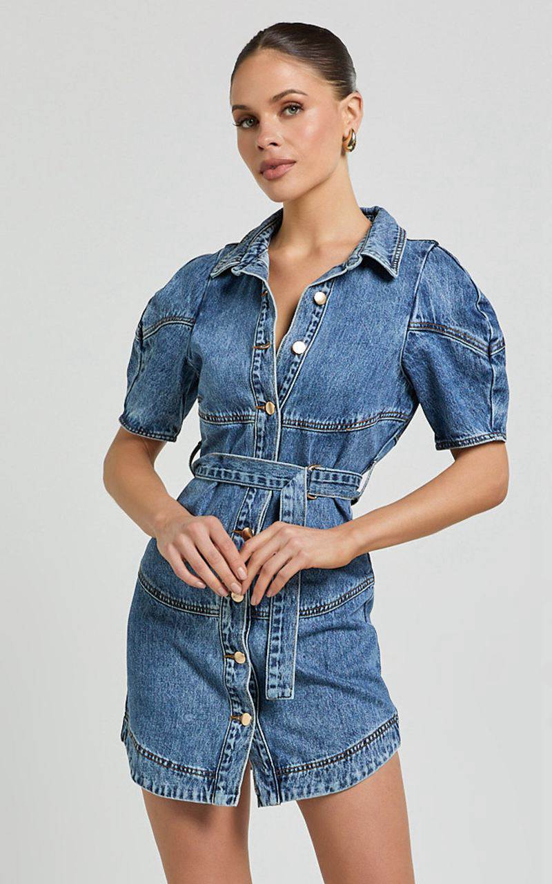 Showpo Cannes Mini Dress - Button Through Belted Recycled Denim Dress Mid Blue Wash | AWUVZL640