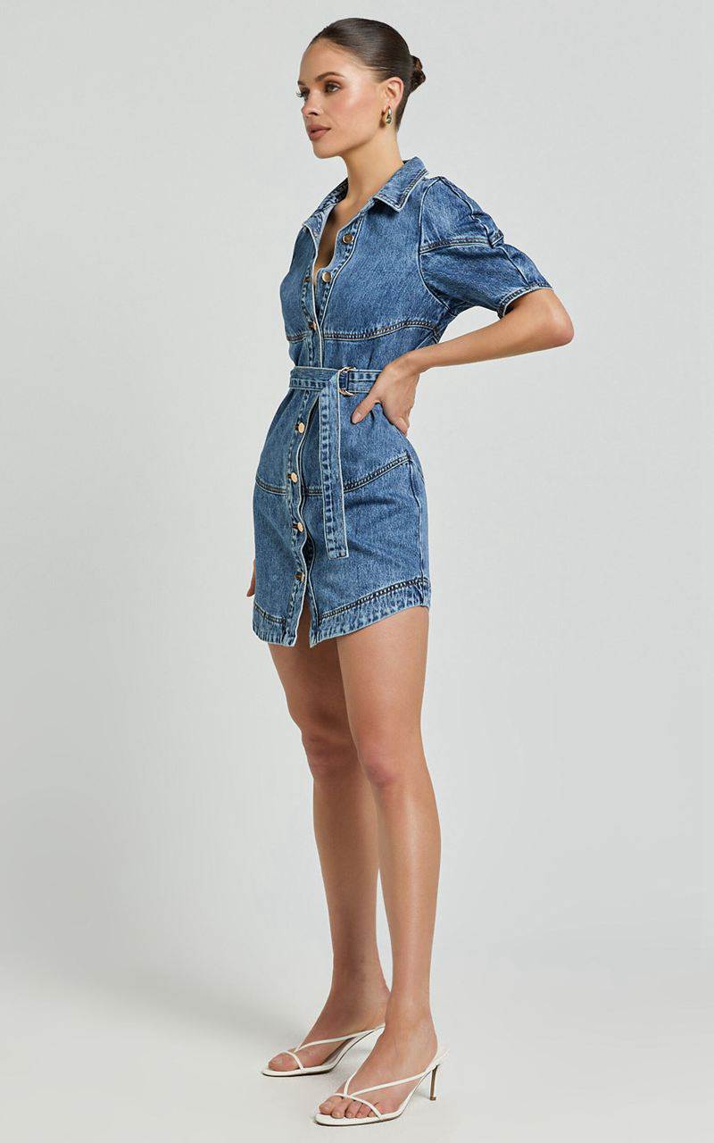 Showpo Cannes Mini Dress - Button Through Belted Recycled Denim Dress Mid Blue Wash | AWUVZL640