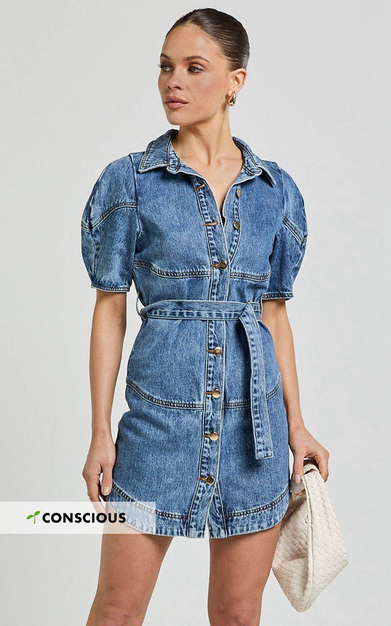 Showpo Cannes Mini Dress - Button Through Belted Recycled Denim Dress Mid Blue Wash | AWUVZL640