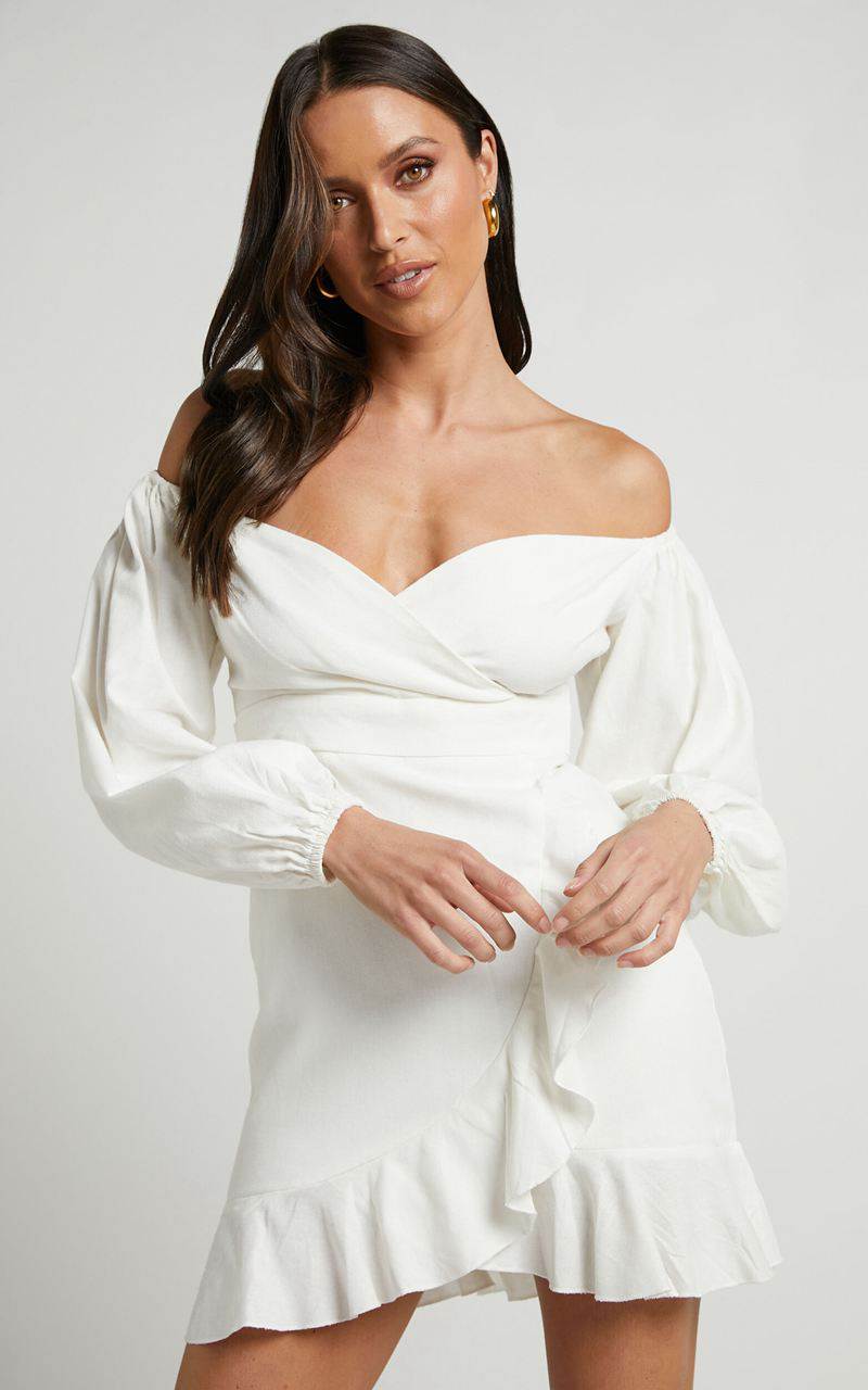 Showpo Can't Move On Mini Dress - Linen Look Off Shoulder Dress White Linen Look | NTLXSE467